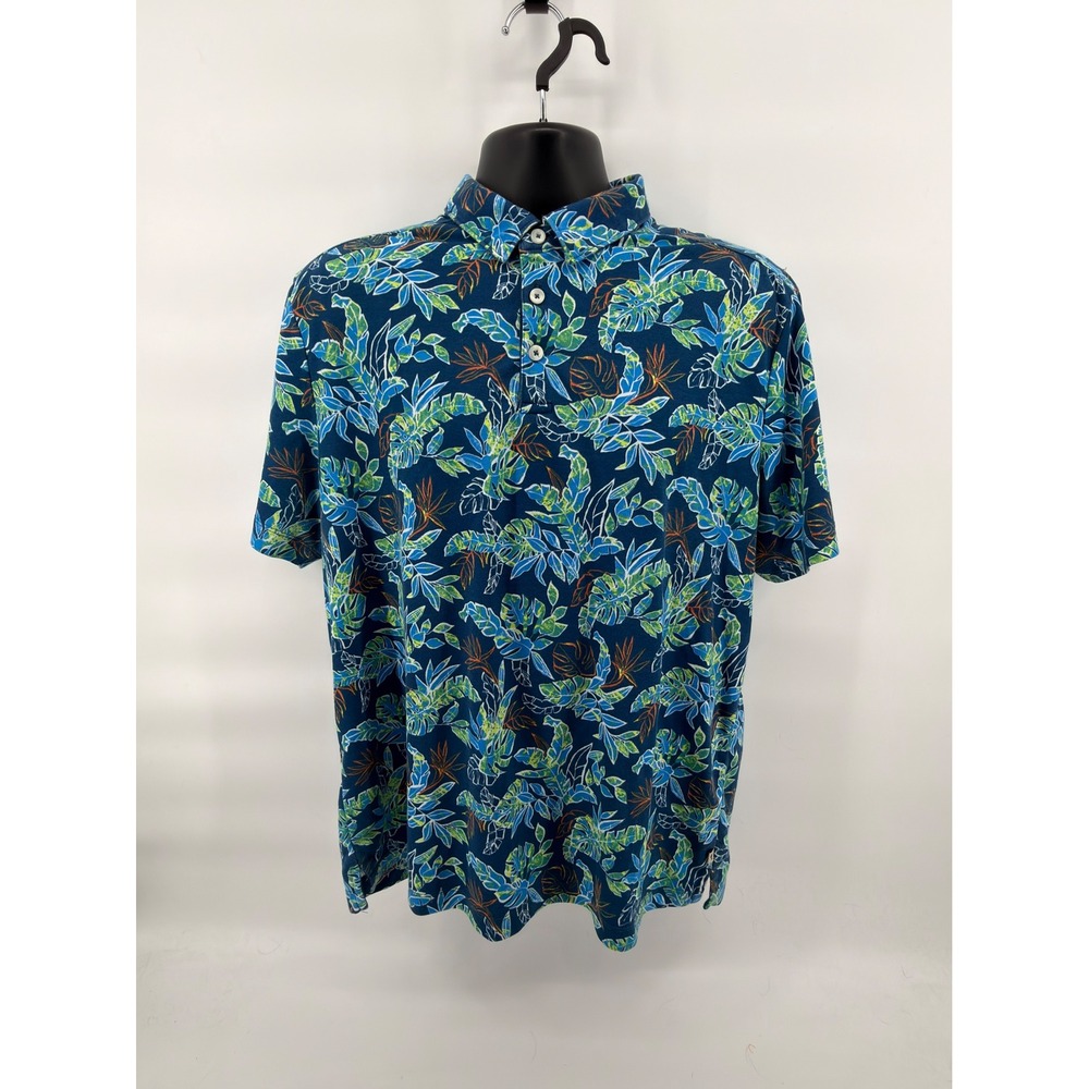 Tommy Bahama Polo‎ Shirt Mens L Blue Floral Tropical Bird of Paradise Cotton